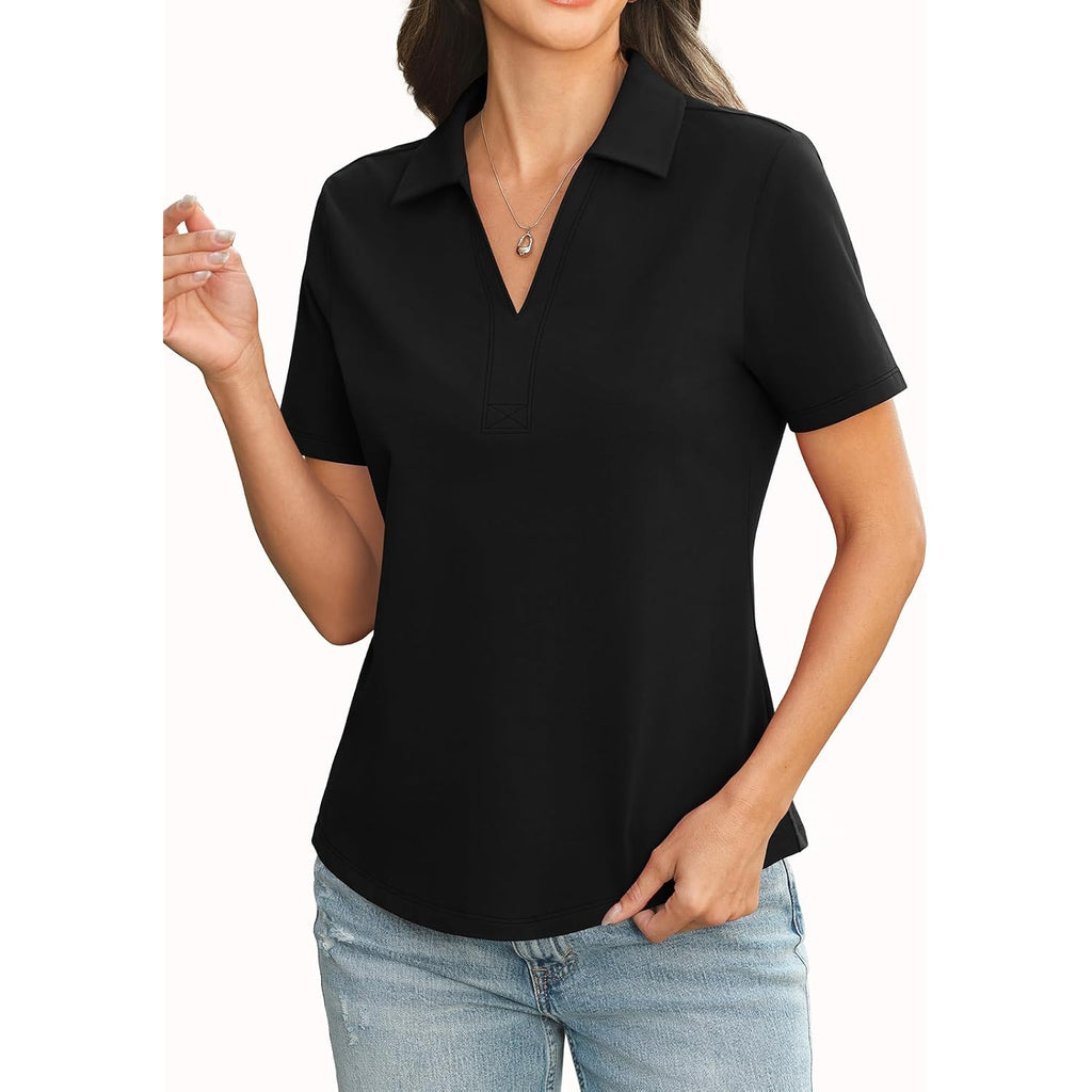 Easygala Womens Cotton Polo Shirts Short Sleeve V Neck Collared Tops Loose Fit Work Blouses Casual Summer Outfits 2026