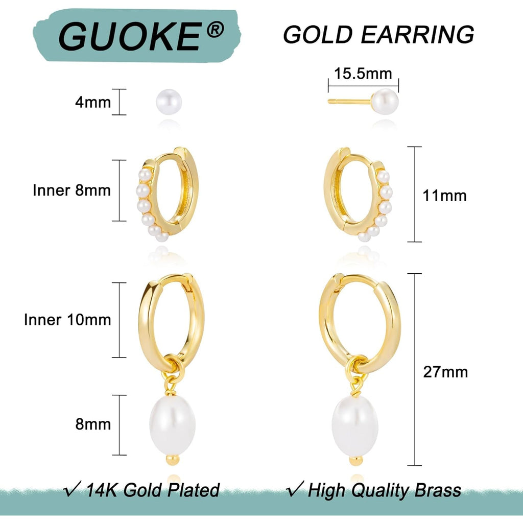 3 Pairs Small Hoop Earring Stacks, 14K Gold/Silver/Black/Rose Gold Plated Pearl Heart Butterfly Bow Star Moon Leaf Diamond Hoop Charm Drop Huggie Earrings Trendy Jewelry Gift for Women