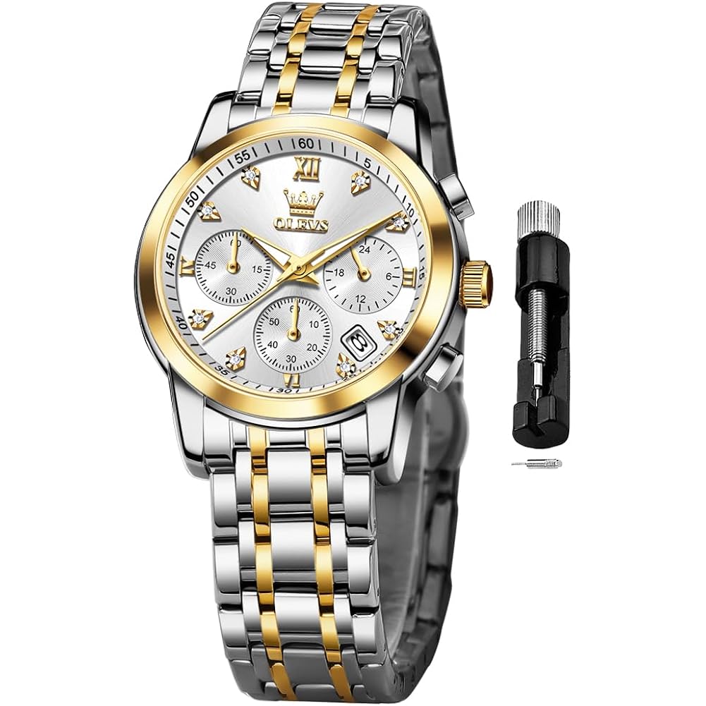 Olevs Women Watch Multifunctional Two Tone Watch Fashion Business Analog Quartz Ladies Watch Stainless Steel Waterproof Diamond Watch For Women