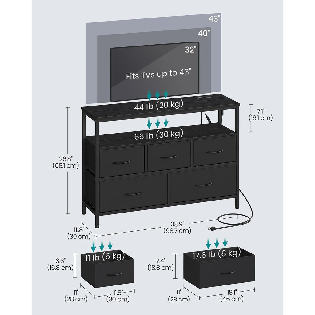 Songmics Bellah Collection - Dresser For Bedroom With App-Controlled Led Lights And Charging Station, Chest Of Drawers, Tv Stand, 5 Drawers, Shelf, Modern, Ink Black Ulgs723Bh02S