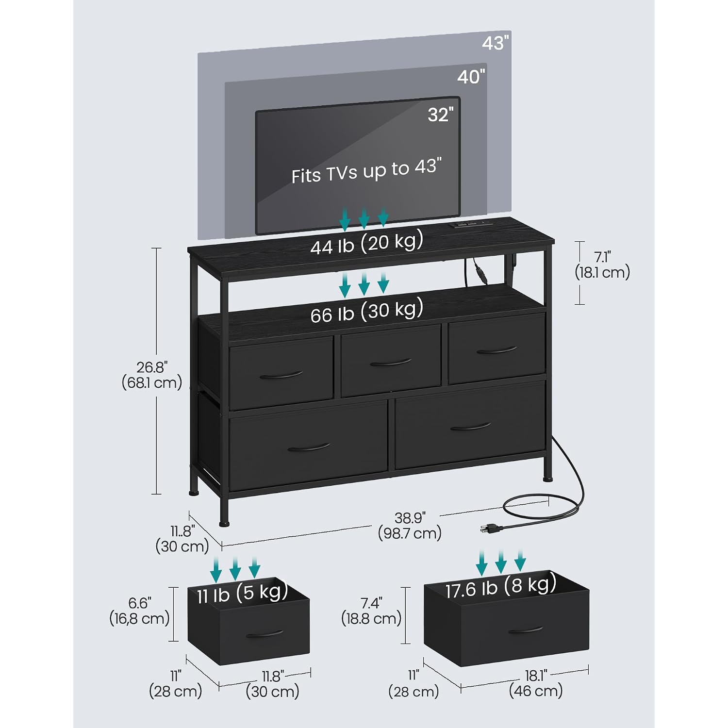 Songmics Bellah Collection - Dresser For Bedroom With App-Controlled Led Lights And Charging Station, Chest Of Drawers, Tv Stand, 5 Drawers, Shelf, Modern, Ink Black Ulgs723Bh02S