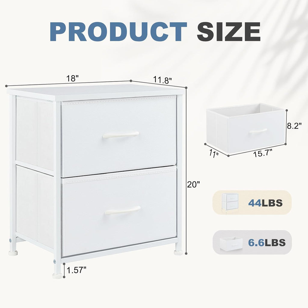 Dumos Night Stand Small Dresser For Bedroom With 2 Drawers, Bedside Table | Fabric Bedside Storage Furniture, 20 Inch Tall End Side Table For Closet, Bedroom, White