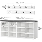 HOOBRO Shoe Storage Bench with Cushion, 39.4" L Entryway Bench with 12 Cubbies, Entryway Hall Tree with Storage, Cubby Shoe Rack Bench with Coat Rack for Hallway, Holds up to 330 lb, White WT112HX01