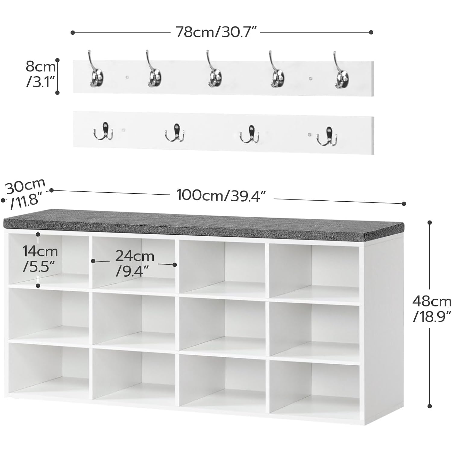 HOOBRO Shoe Storage Bench with Cushion, 39.4" L Entryway Bench with 12 Cubbies, Entryway Hall Tree with Storage, Cubby Shoe Rack Bench with Coat Rack for Hallway, Holds up to 330 lb, White WT112HX01