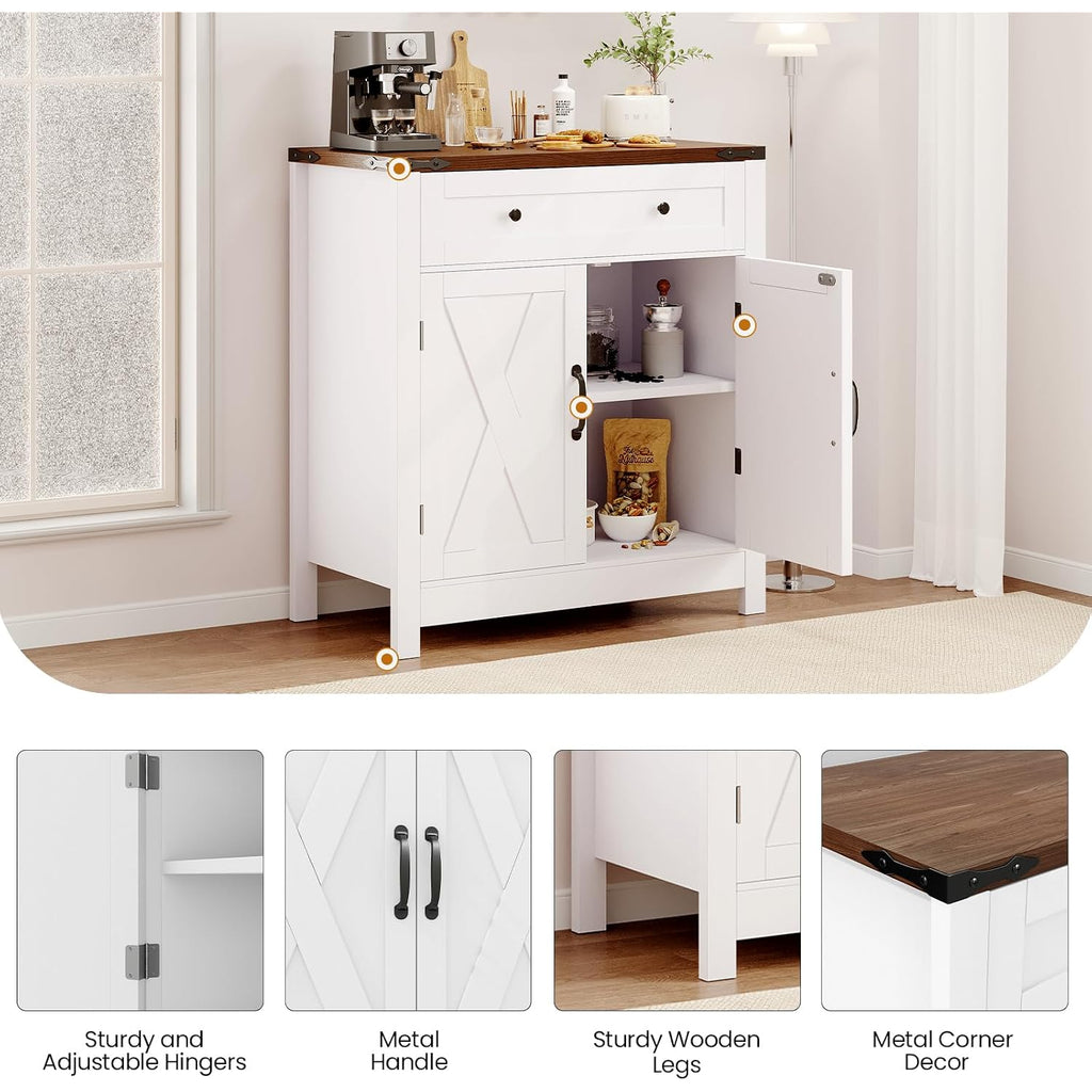 30" Coffee Bar Station, Kitchen Sideboard Buffet Cabinet With A Drawer And Adjustable Shelf, Modern Farmhouse Storage Cabinet For Kitchen, Living Room, Entryway, White