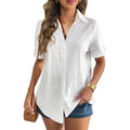 Zeagoo Women Linen Button Down Shirt Rolled Cuffed Short Sleeve Blouse Ladies Summer Casual V Neck Beach Cotton Tops