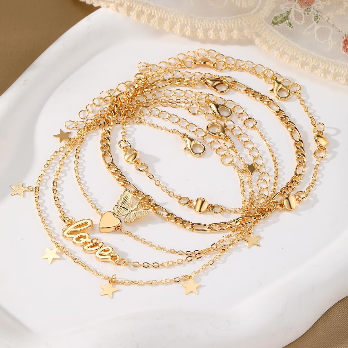 KISS WIFE Gold Anklets for Women, 14k Gold Plated Layered Cuban Figaro Link Chain Anklets Set, Dainty Waterproof Summer Beach Foot Jewelry (1)