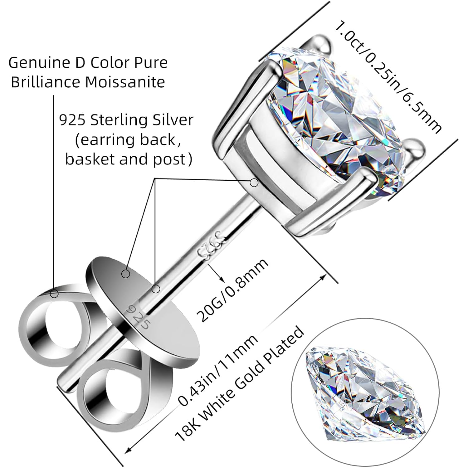 Moissanite Stud Earrings GRA 925 Sterling Silver Earrings for Men 18K White Gold Plating Earrings for Women,wedding earrings(0.3Ct-4Ct)