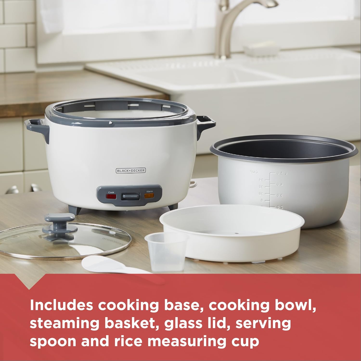 Black+Decker Rice Cooker 6-Cup (Cooked) With Steaming Basket, Removable Non-Stick Bowl, White