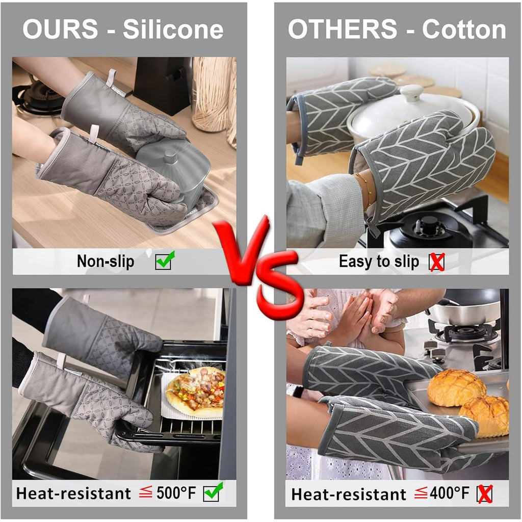 KEGOUU Oven Mitts and Pot Holders 6pcs Set, Kitchen Oven Glove High Heat Resistant 500 Degree Extra Long Oven Mitts and Potholder with Non-Slip Silicone Surface for Cooking (Grey)