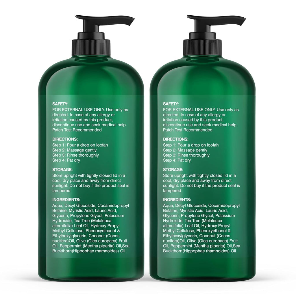 Botanic Hearth Tea Tree Body Wash, 16 Fl Oz (473 Ml) Pack Of 2 | With Tea Tree Oil, Peppermint & Sea Buckthorn | Gently Cleanses, Refreshes & Nourishes Skin | Sulfate & Paraben Free | For Men & Women