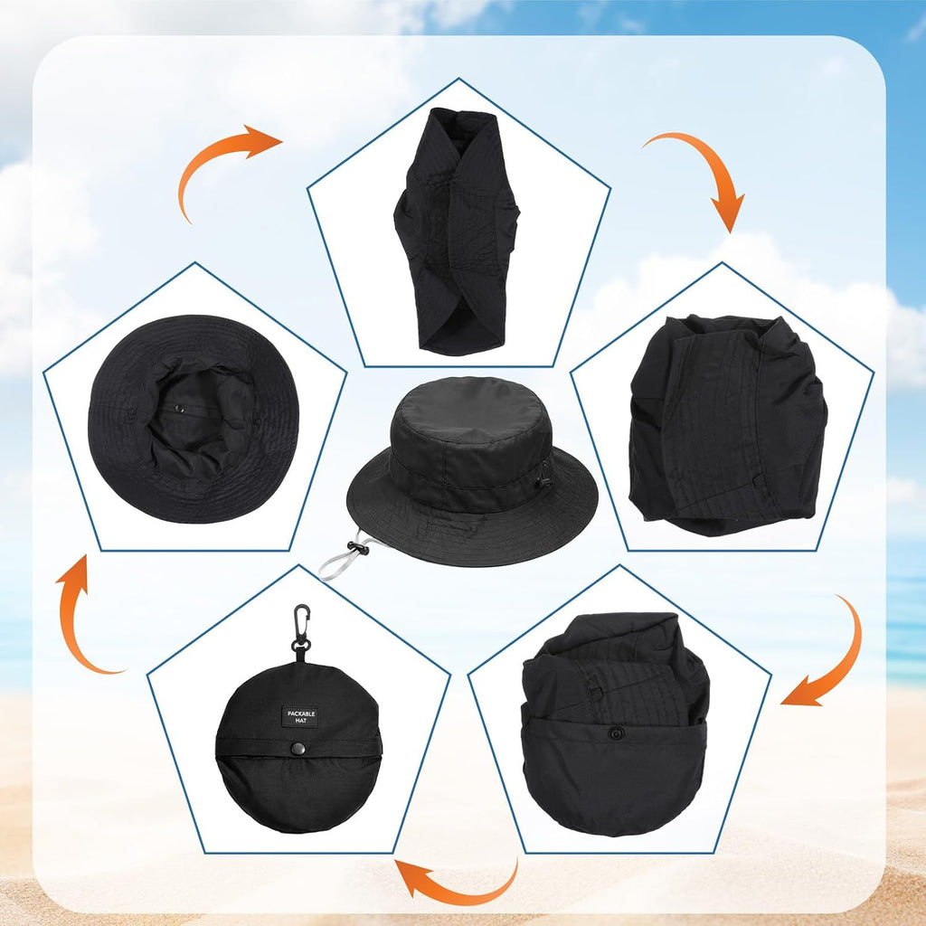 Travel Waterproof Summer Sun Bucket Hat Packable Quick Dry Beach Hats for Women Lightweight Outdoor Rain Hat with Adjustable Chin Strap Travel Hiking Fishing Cap for Women Men Black