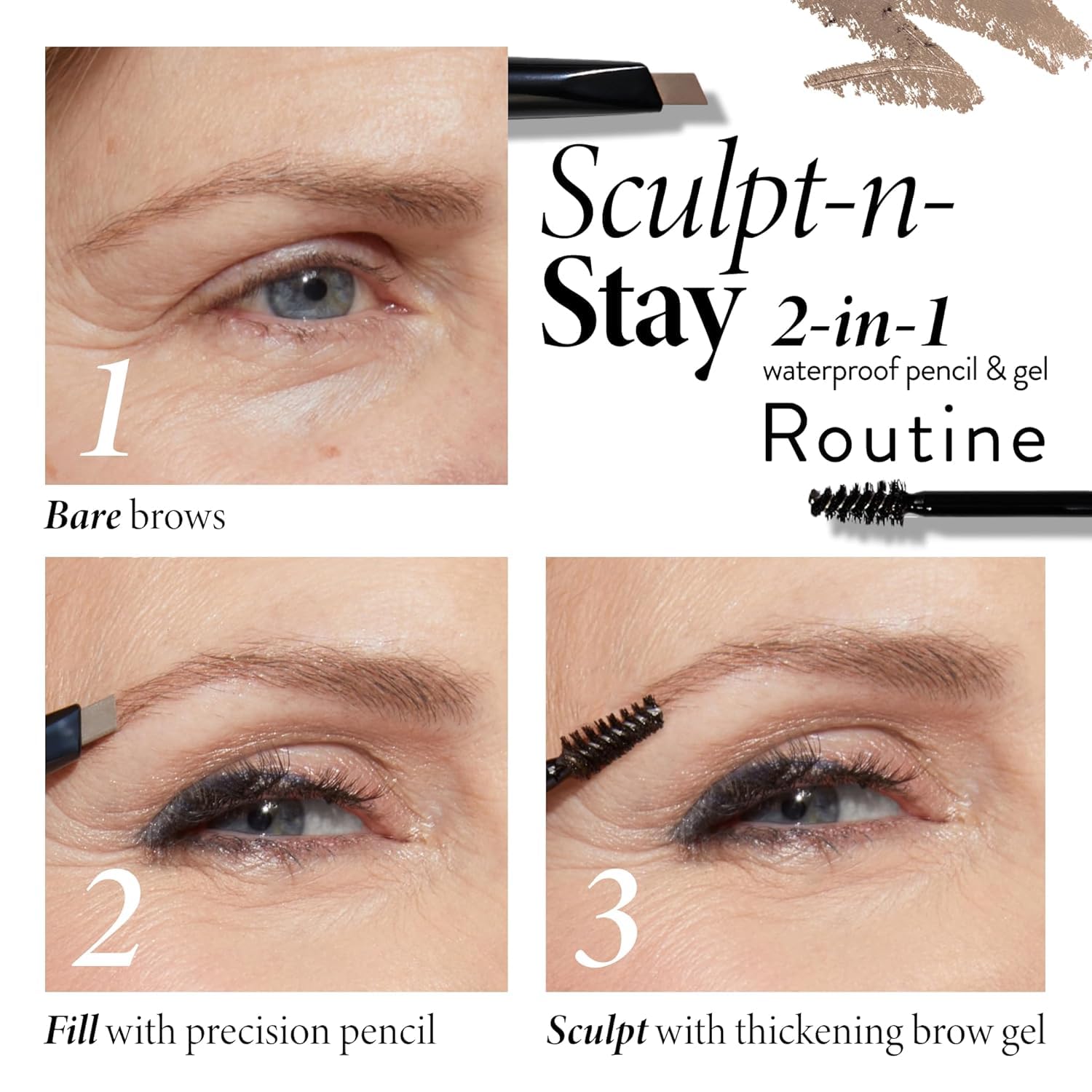 Laura Geller New York Sculpt-N-Stay 2-In-1 Waterproof Eyebrow Pencil & Brow Gel – Dark Brown – Fills Sparse Brows, Defines & Sets – Smudge-Proof, Long-Lasting, Natural Finish