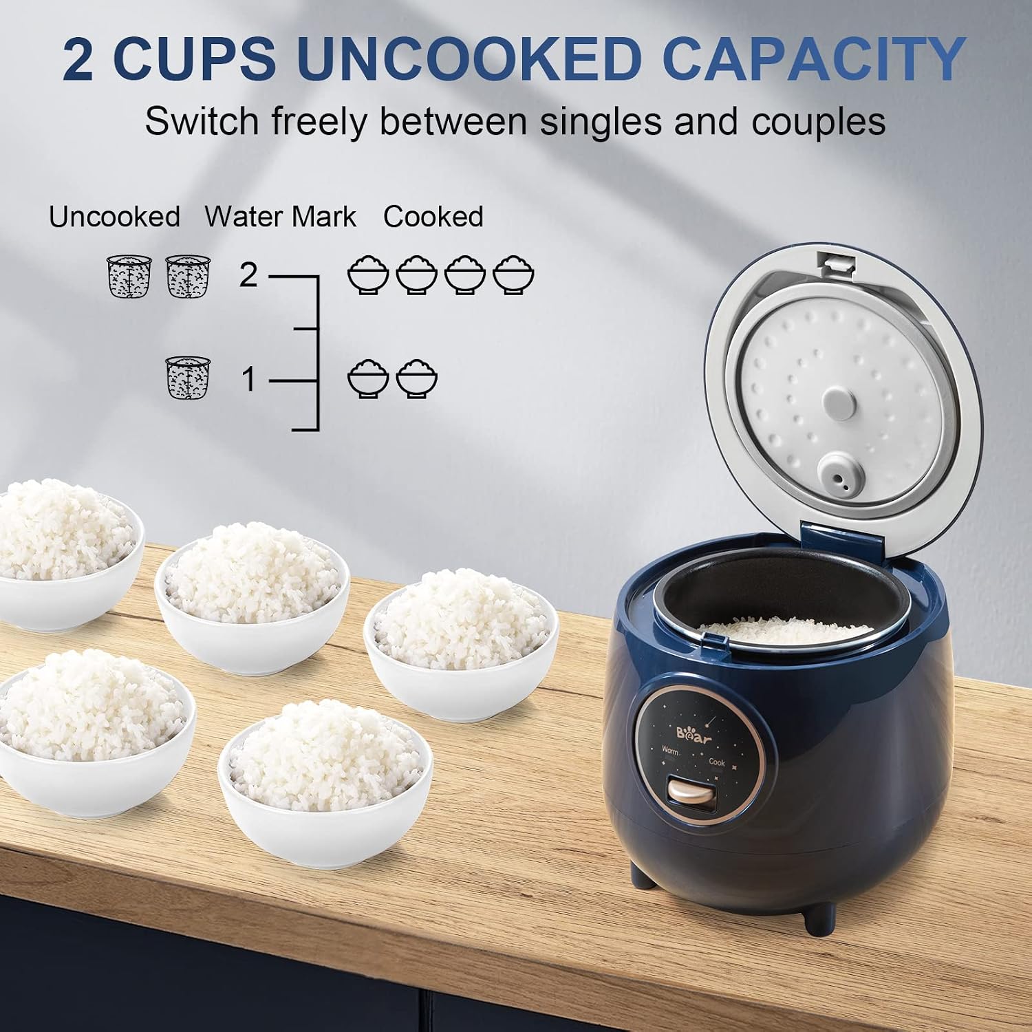 Bear Mini Rice Cooker, 2-Cup Uncooked, Nonstick, Keep Warm, Bpa Free, Blue | Portable 1.2L Nonstick Small Rice Cooker For Travel, Dorm, Single Serve, One-Touch Operation, Removable Pot, Auto Keep Warm