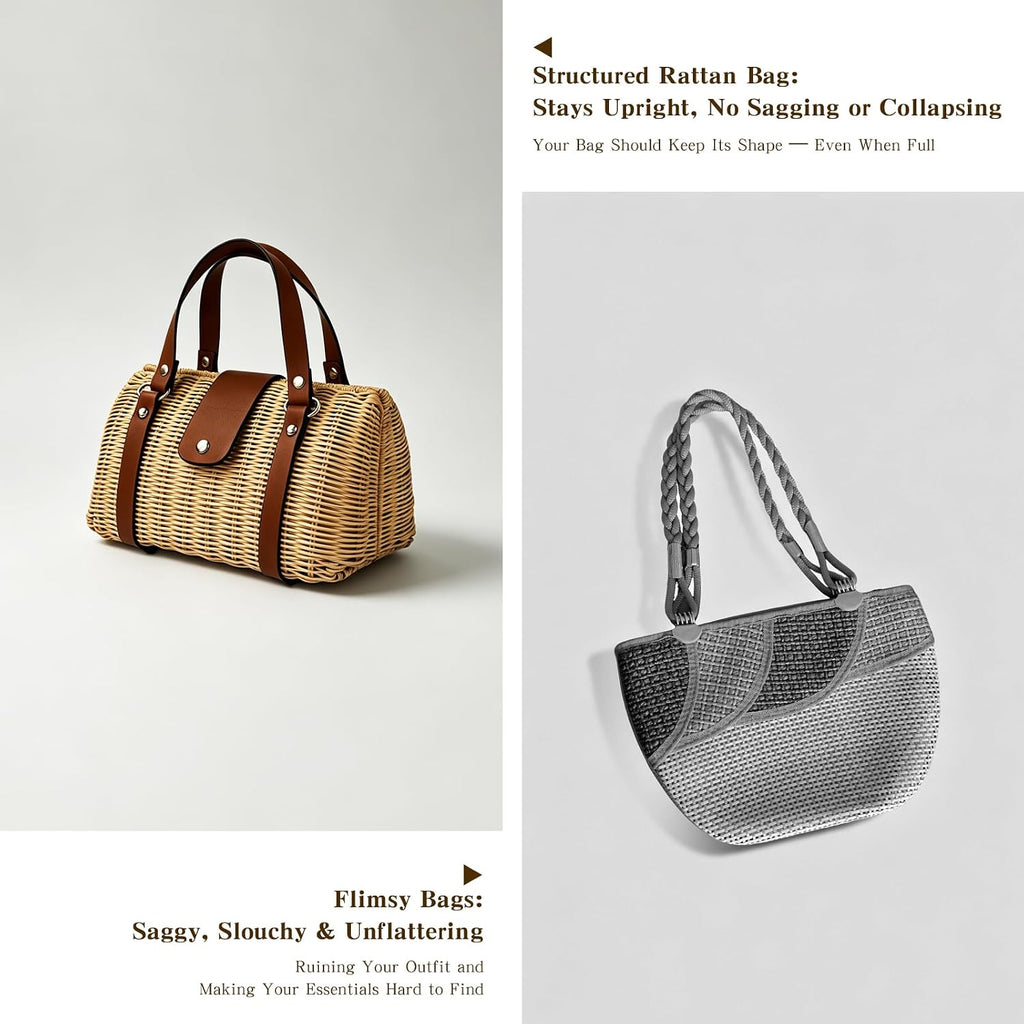 Rattan Purse For Women, Structured Straw Tote Bag, Woven Wicker Satchel Handbag With Reinforced Handles, Summer Beach Travel Bag For Daily Use