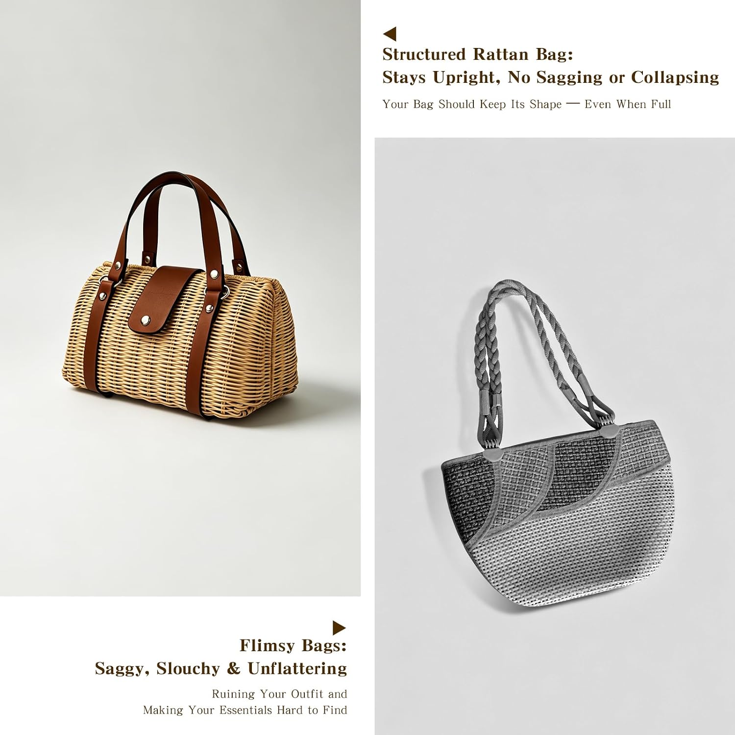 Rattan Purse For Women, Structured Straw Tote Bag, Woven Wicker Satchel Handbag With Reinforced Handles, Summer Beach Travel Bag For Daily Use