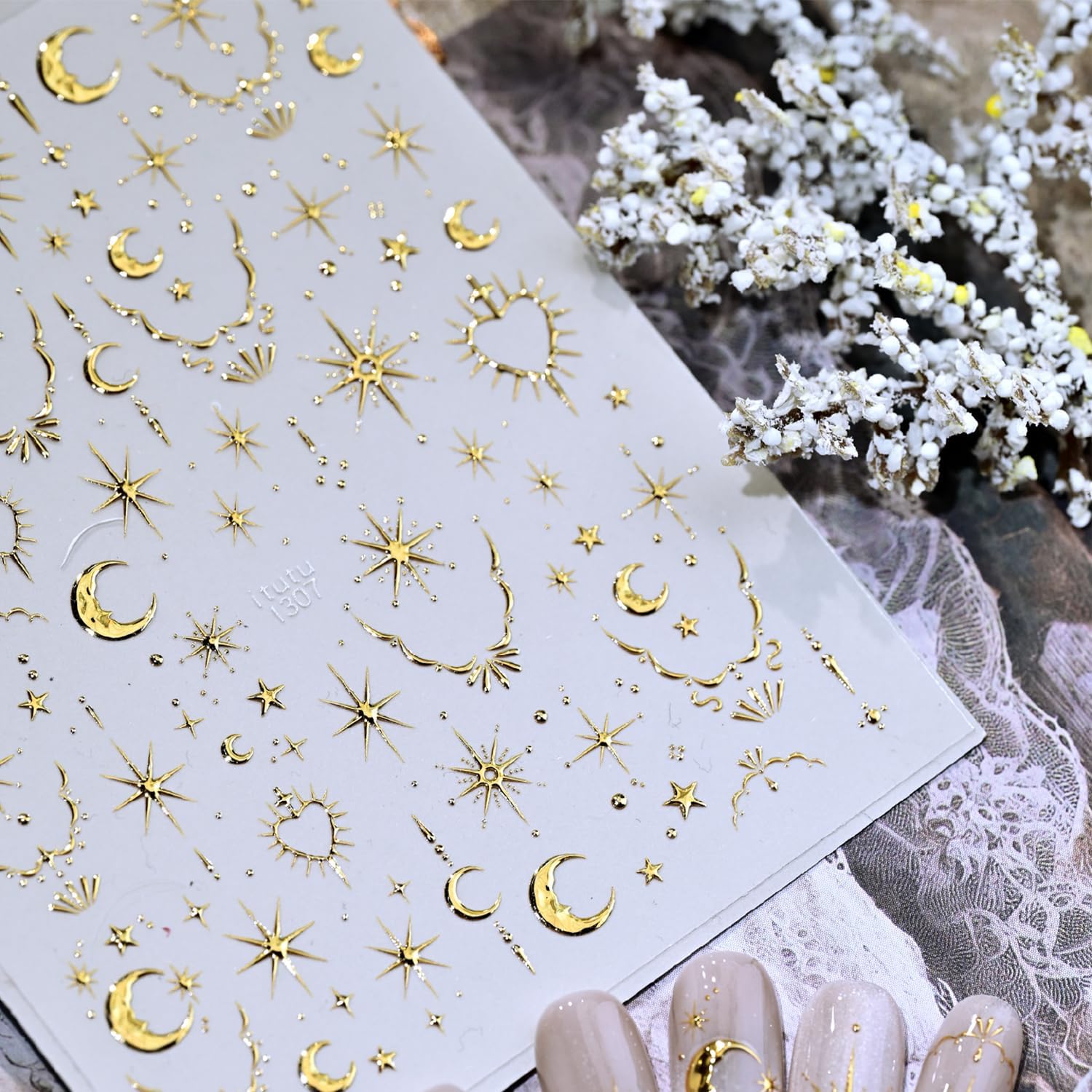 Gold Star Nail Stickers 5D Embossed Nail Art Stickers Decals with Gold Moon Heart Design Nail Stickers for Nail Art Self-Adhesive for Women Nail Art Manicure Decor