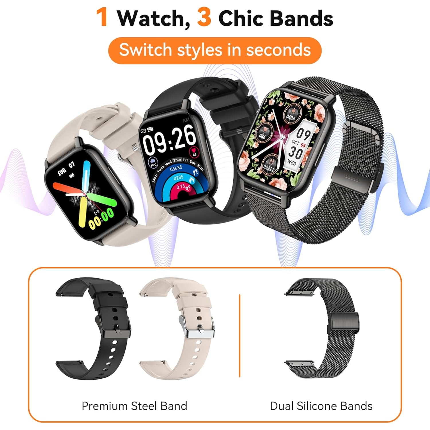 Smart Watch for Women (3 Bands), 1.85'' HD Fitness Tracker with Bluetooth Calls, IPX8 Waterproof Smartwatch for Android iPhone, 112+ Sport Modes, Heart Rate & Breathing Rate Sleep Monitor, Black