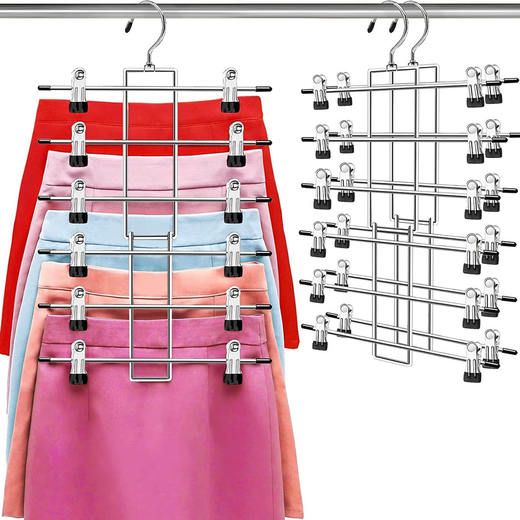 Pants Hangers With Clips,Space Saving Hanging Closet Organizer-6 Tiers Skirt Hangers With 360° Swivel Hook,Closet Organizer-Clothes Hangers- College Dorm Essentials Apartment Essentials-2 Pack