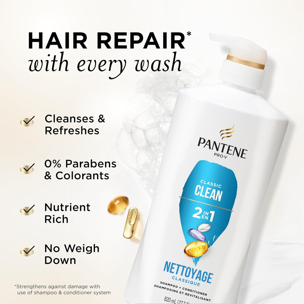 Pantene 2-In-1 Shampoo & Conditioner, Classic Clean - Pro-V Nutrients For Dry, Color-Treated Hair, Healthy Looking Hair Every Wash, Antioxidant-Rich, 27.7 Oz Each, 2-Pack + Rescue Shot (0.5 Oz)