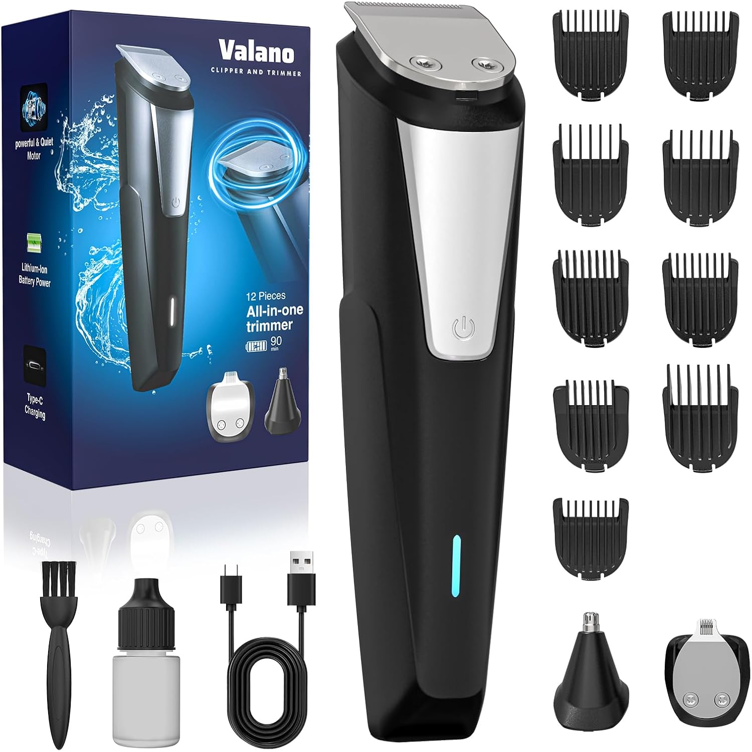 Valano Beard Trimmer Hair Clippers for Men All-in-One Self-Sharpening Electric Men's Cordless Rechargeable Mustache Grooming Kit Gift for Ear Nose Body Public
