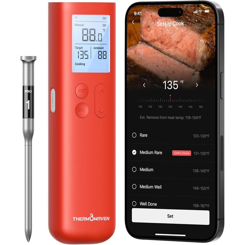 Thermomaven Smart Bluetooth Wireless Meat Thermometer, 10X Enhanced Sub-1G Signal And Stability, Standalone Display Base, Certified Accuracy ±0.5°F, Wifi Unlimited Range For Bbq, Oven, Smoker, Grill
