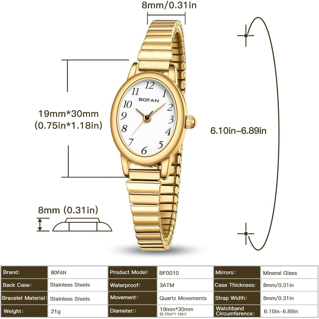 Bofan Small Gold Watches For Women Easy Read Ladies Quartz Wrist Watch With Stainless Steel Expansion Band,Waterproof.