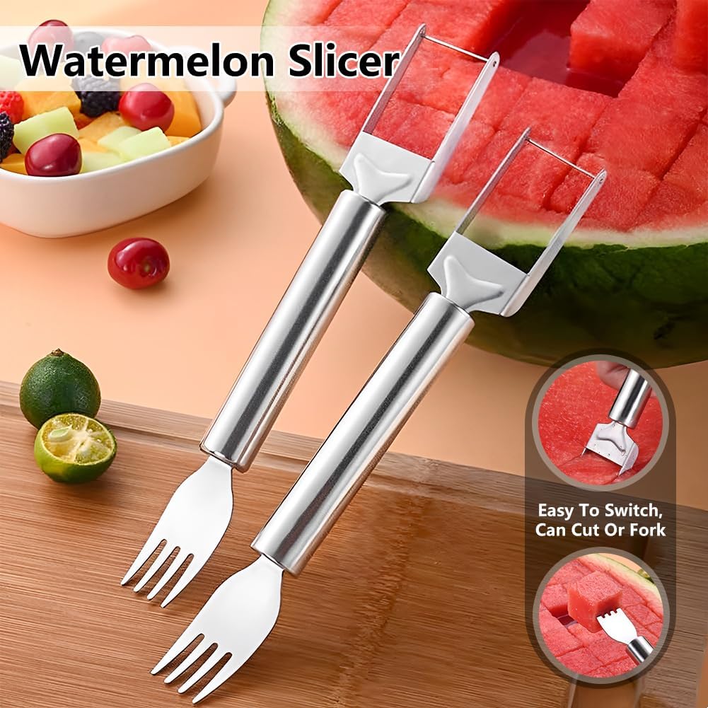 2-In-1 Stainless Steel Fruit Cutter, Watermelon Fork Slicer Tool, Watermelon Slicer And Fork, Dual Head Knife With Round Handle For Kitchen Fruit Cubes (1 Piece)