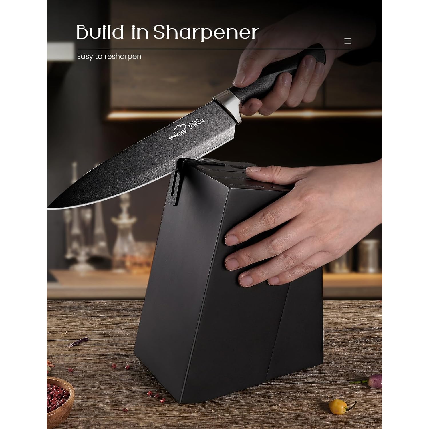 Amorston Knife Set, 15 Pieces Knives Set for Kitchen Knife Set with Block and Sharpener, Dishwasher Safe Knife Block Set German Stainless Steel Kitchen Knife Sets for Apartment New Home Housewarming
