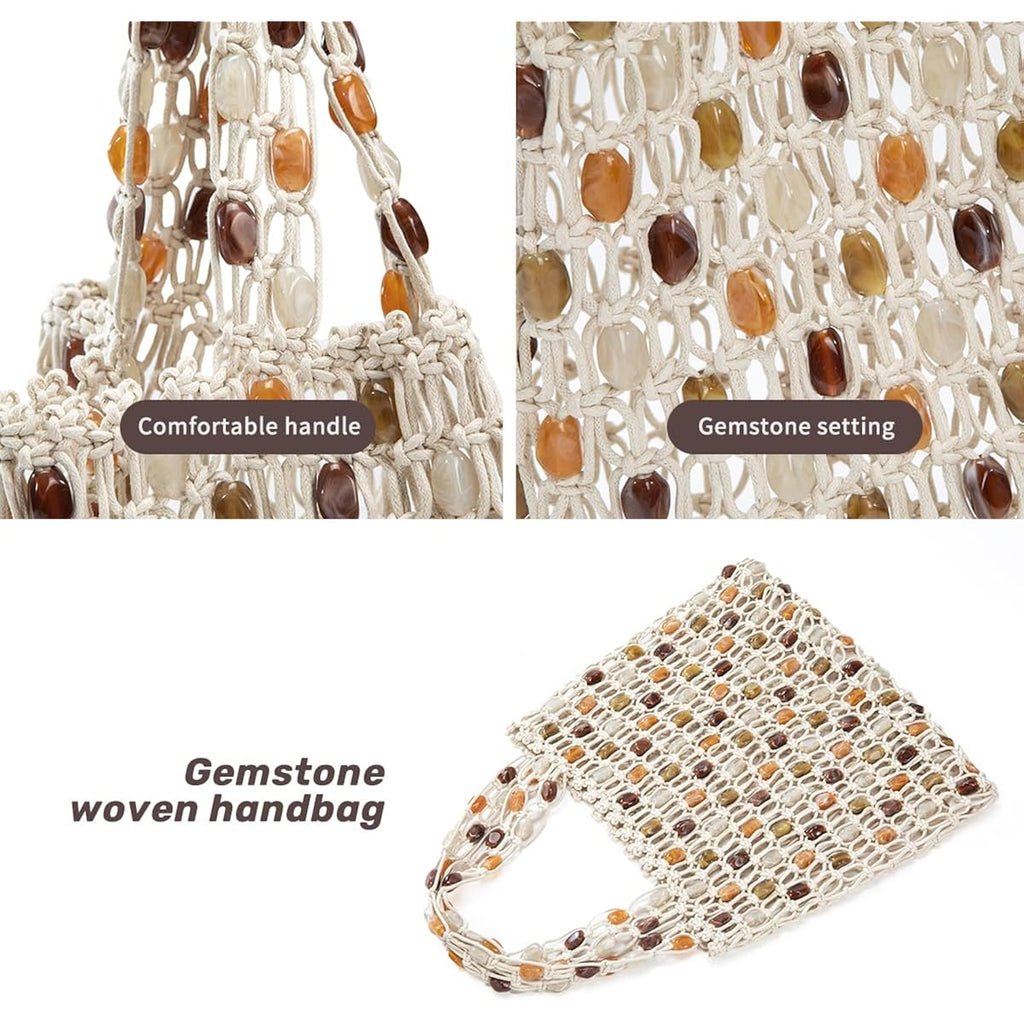 Boho Crochet Shoulder Bag For Women, Colorful Beaded Beach Tote Handbag Lightweight Summer Knit Hobo Purse &Travel Organizer