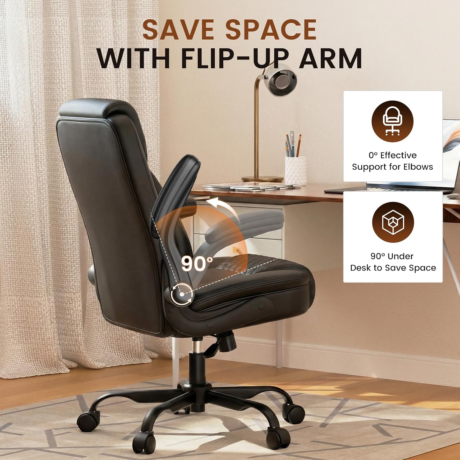 Gtplayer Leather Office Chair, Home Desk Chair With Flip-Up Arms And Ergonomic Back - Comfy Heavy Duty Executive Chair For Home Office Gaming, Black