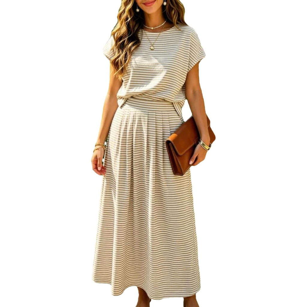 Zontroldy Women'S Summer 2 Piece Outfits Striped Skirt Sets Cap Sleeve Crop Top Midi Dress Matching Travel Outfits