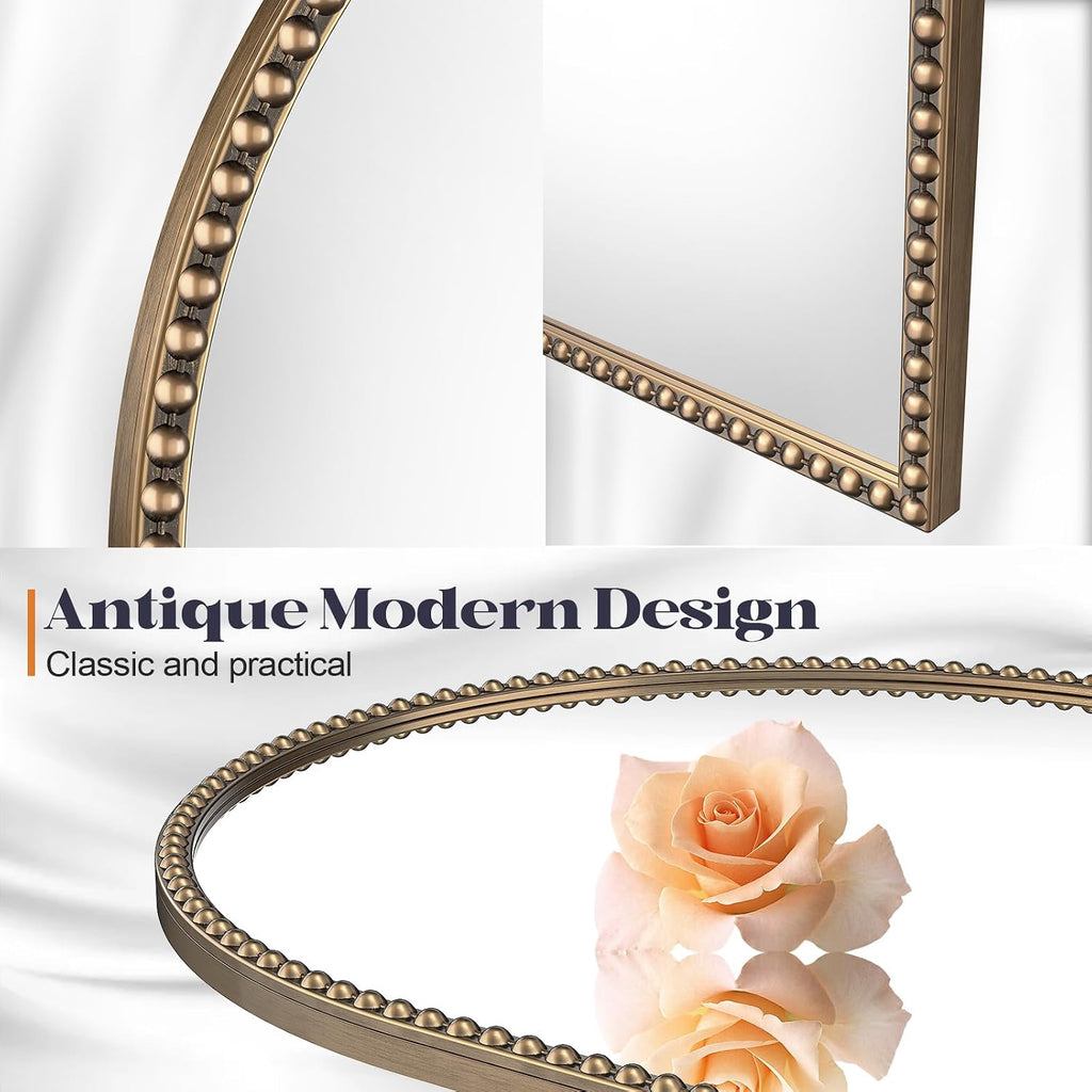 Beaded Mirror Gold Arched, 24"X36" Champagne Bronze Mirror For Bathroom, Antique Brass Beaded Mirrors With Metal Frame- Arch Vanity Wall Mirrors For Bedroom,Fireplace,Over Sink,Entryway