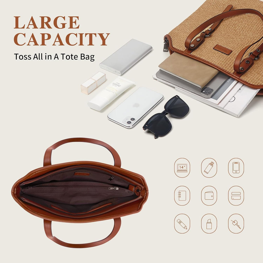 Tote Bag For Women,Large Capacity Straw&Vegan Leather Tote Purses For Women,Shoulder Bags For Daily Travel Work Beach