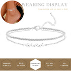 Sterling Silver Anklets Bracelets for Women 14k Gold Plated Waterproof Layered Stackable CZ Charm Non Tarnish Adjustable Anklet for Summer Beach Birthday Jewelry Gift