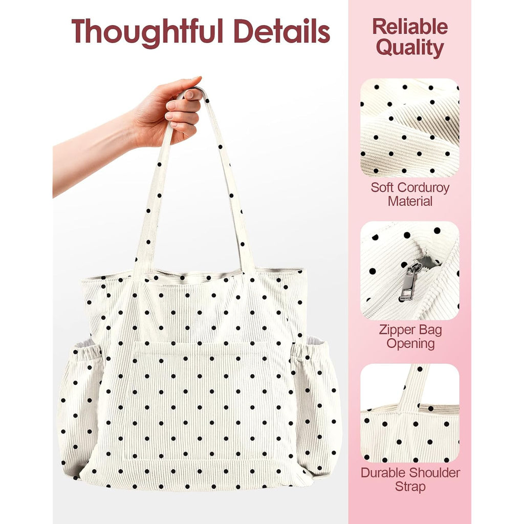 Cute Corduroy Tote Bag For Women - Large Capacity Multi-Pocket Shoulder Bag With Zipper