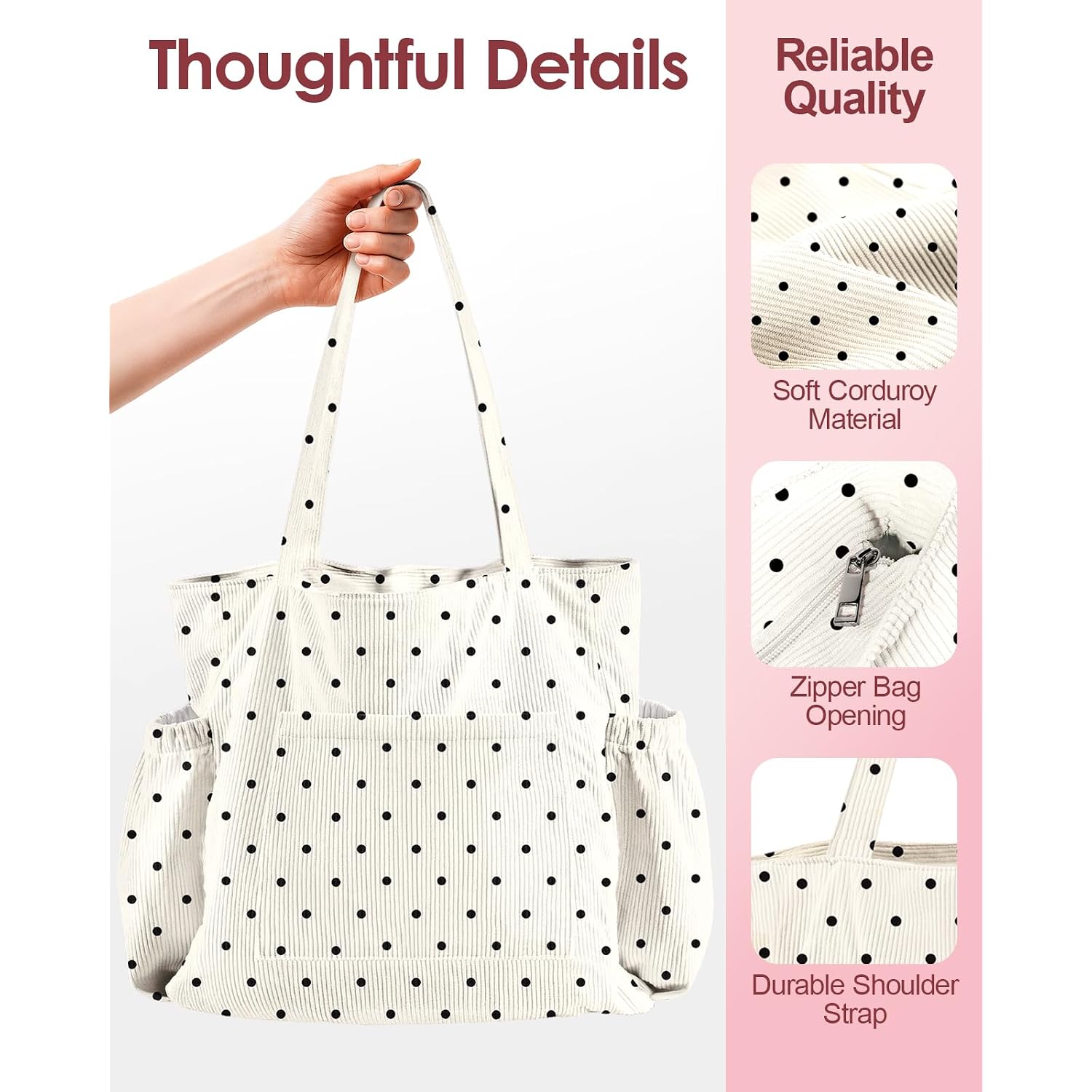 Cute Corduroy Tote Bag For Women - Large Capacity Multi-Pocket Shoulder Bag With Zipper