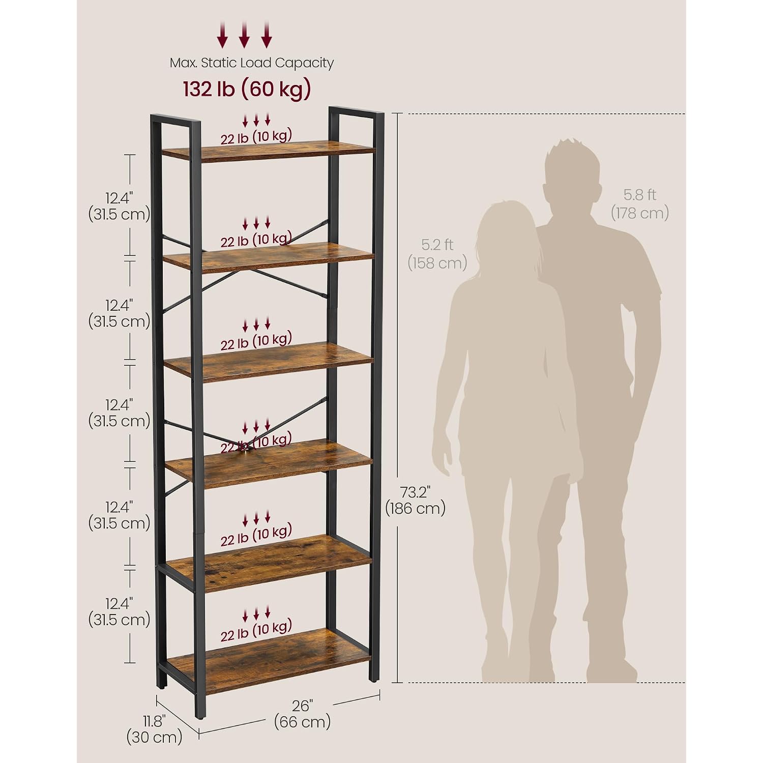 Vasagle 6-Tier Bookshelf, Bookcase With Steel Frame, Book Shelf For Living Room, Home Office, Study, 11.8 X 26 X 73.2 Inches, Industrial Style, Rustic Brown And Ink Black Ulls062B01