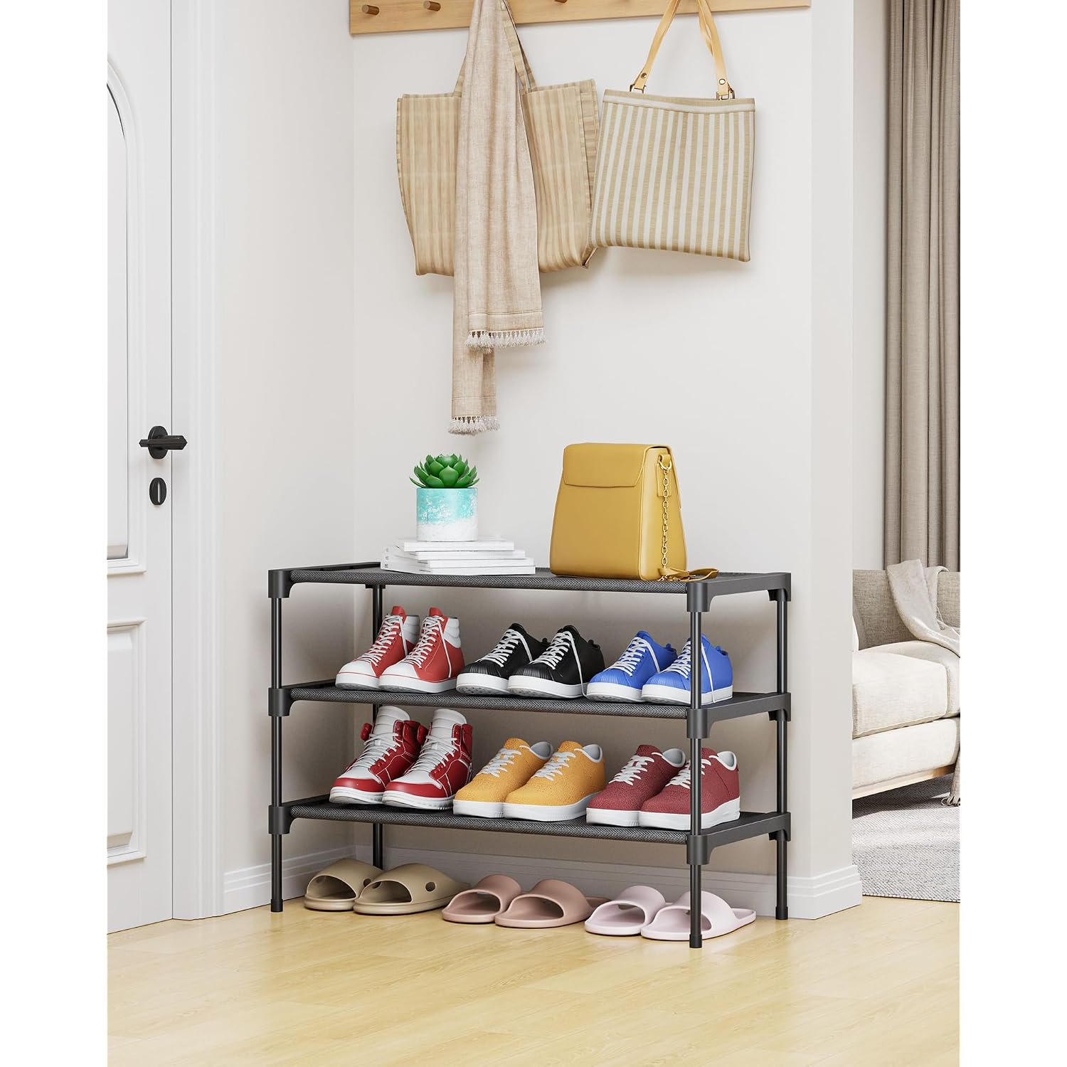 Kitsure Shoe Rack - Non-Woven Shoe Rack Shelf, Shoe Organizer For Closet, Entryway, Garage & Corridor, Stackable Shoe Shelves, 27.5" Wide - 3 Tier, Black