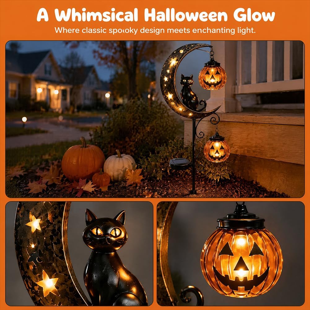 Solar Halloween Black Cat & Pumpkin Moon Garden Stake Light, Outdoor Waterproof Led Yard Decoration With Crescent Moon, Hanging Jack-O'-Lantern Lantern For Garden, Patio, Walkway, Porch (Style C)