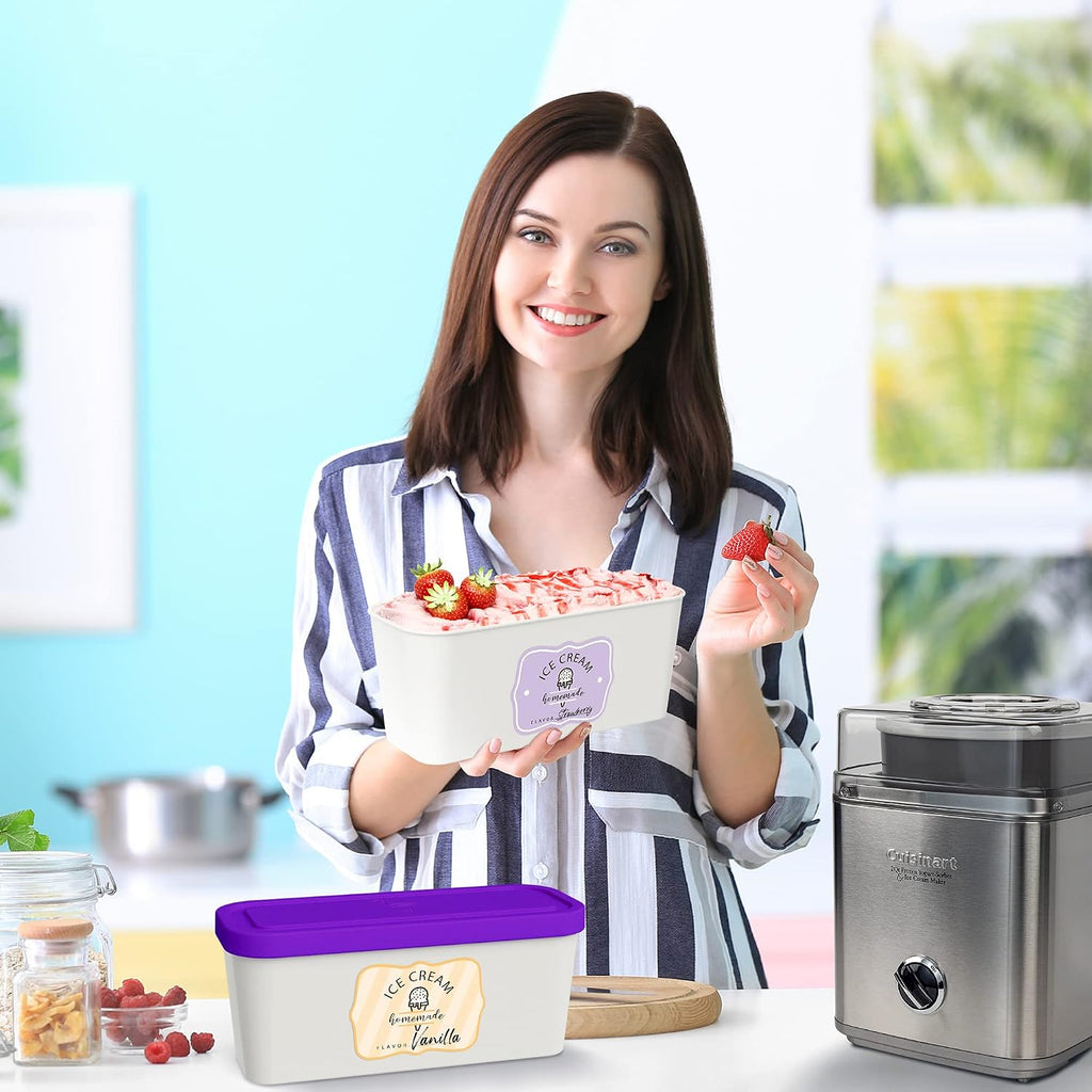 Set Of 2 Reusable Ice Cream Tub Containers 1.6 Quart Ea. - Perfect For Homemade Sorbet, Frozen Yogurt Or Gelato - Stackable Storage Containers, Stickers And Lids Stores Easily In Freezer