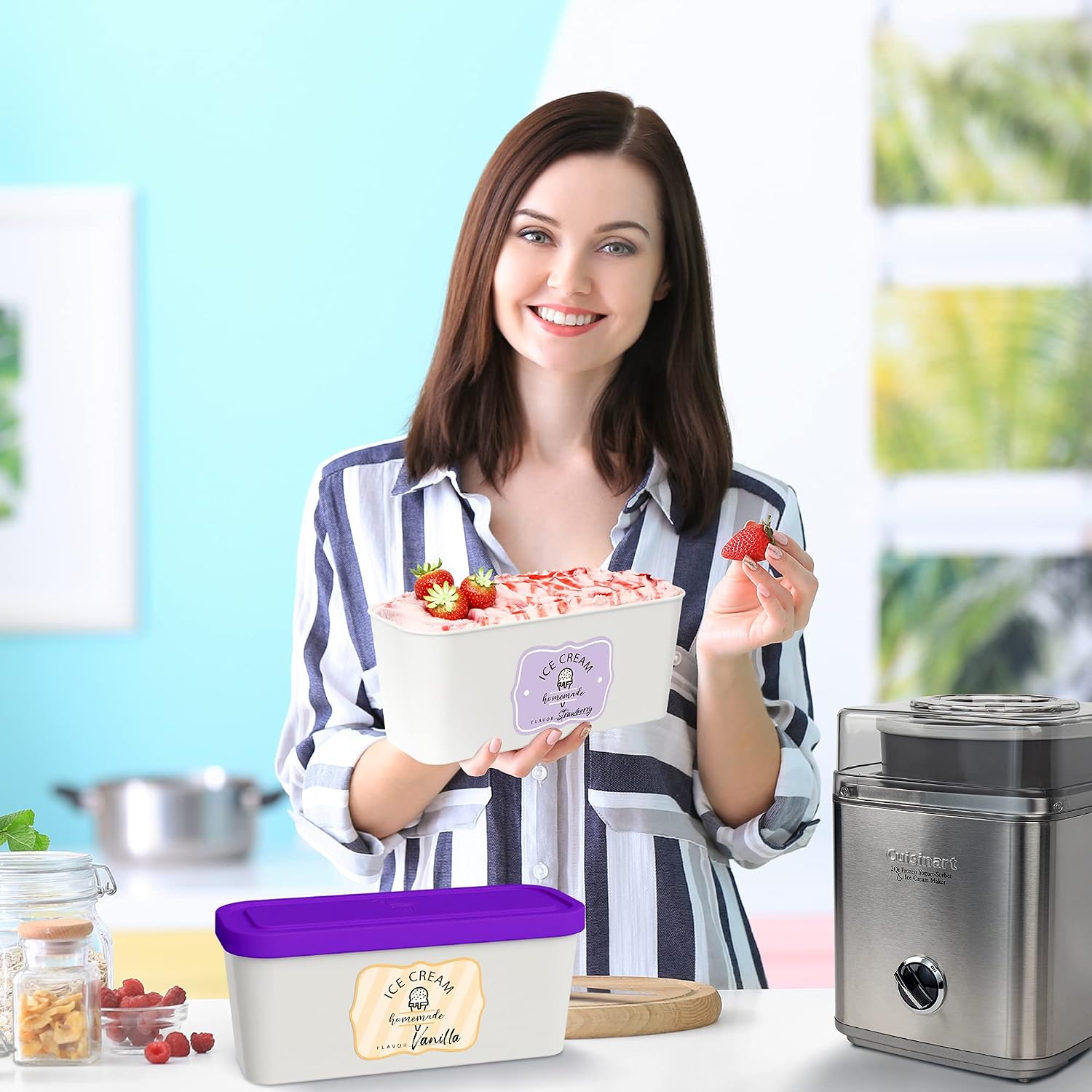 Set Of 2 Reusable Ice Cream Tub Containers 1.6 Quart Ea. - Perfect For Homemade Sorbet, Frozen Yogurt Or Gelato - Stackable Storage Containers, Stickers And Lids Stores Easily In Freezer