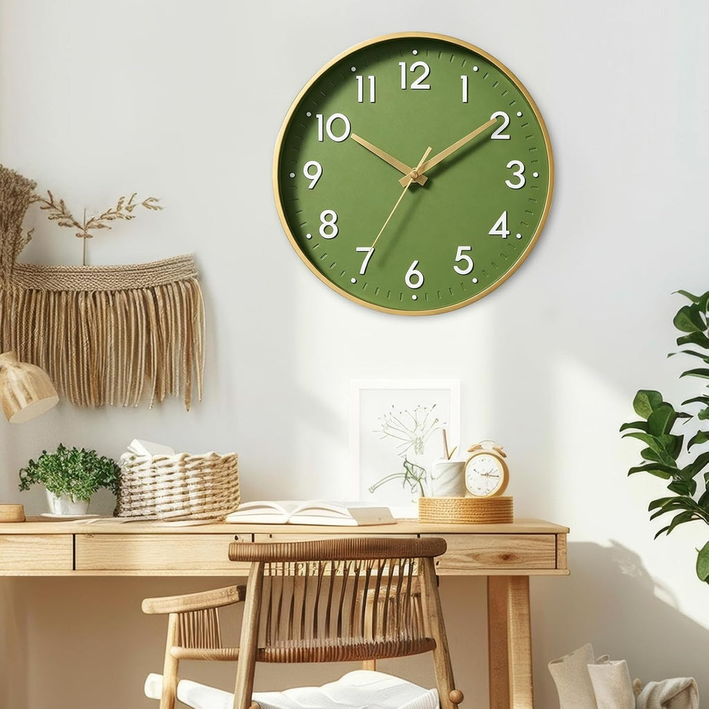 Wall Clock 8 Inch, Battery Operated Silent Non-Ticking Modern Analog Clock Decorative For Kitchen, Bedroom, Office(Olive Green And Gold)