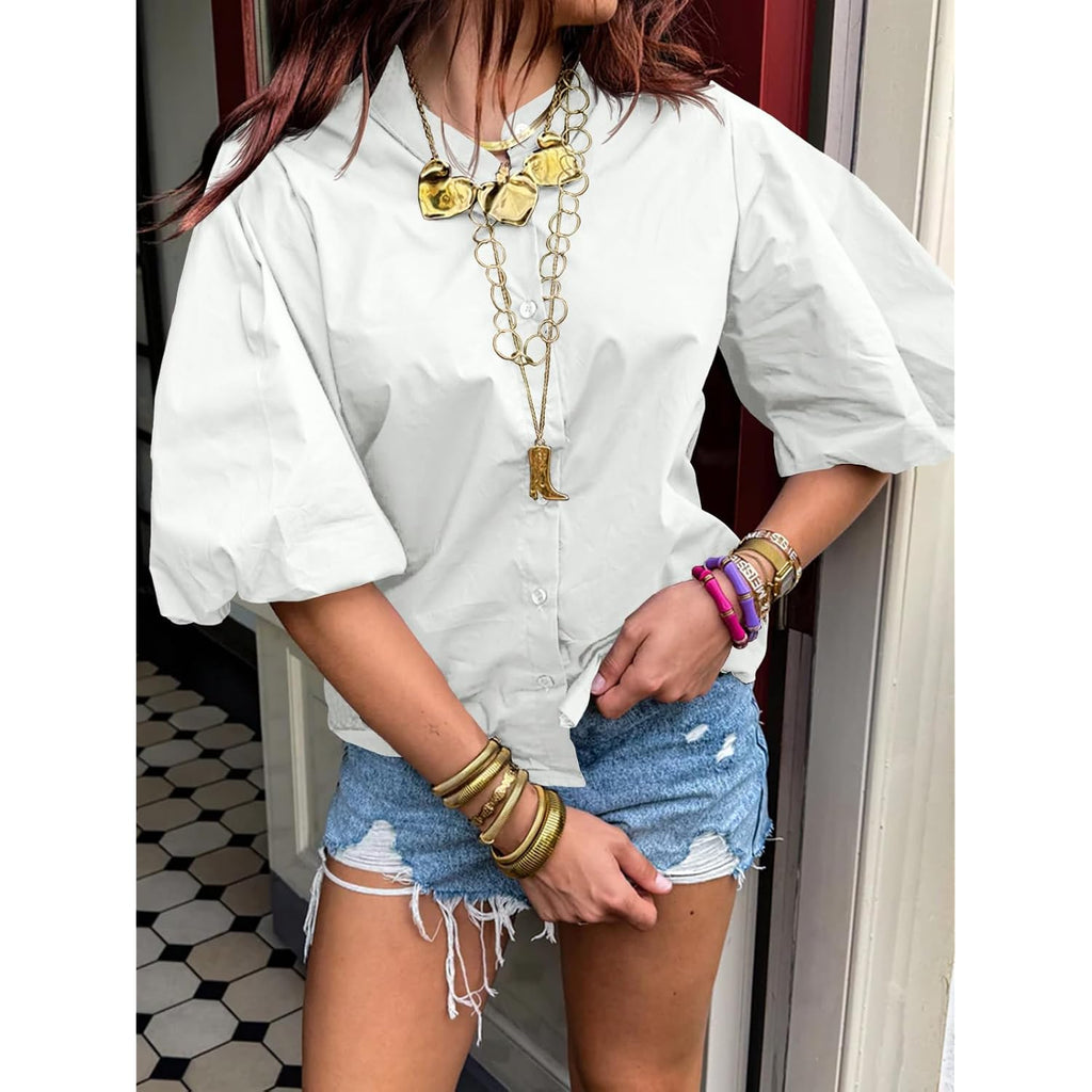Tankaneo Womens Half Puff Sleeve Button Down Shirts Cotton Loose Fit Tops Summer Dressy Casual Blouses