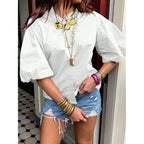 Tankaneo Womens Half Puff Sleeve Button Down Shirts Cotton Loose Fit Tops Summer Dressy Casual Blouses