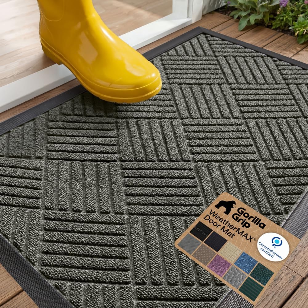 Gorilla Grip 100% Waterproof All-Season Weathermax Doormat Us Designed Natural Rubber, Stain Fade Resistant, Low Profile Indoor Outdoor Door Mats, Easy Clean, 29X17 Gray Diamond