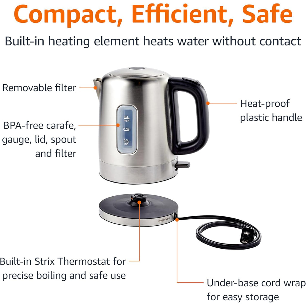 Amazon Basics Electric Stainless Steel Kettle for Tea and Coffee, BPA-Free, Fast Boiling, Auto Shut-Off, 1 Liter, 1500W, Black and Silver