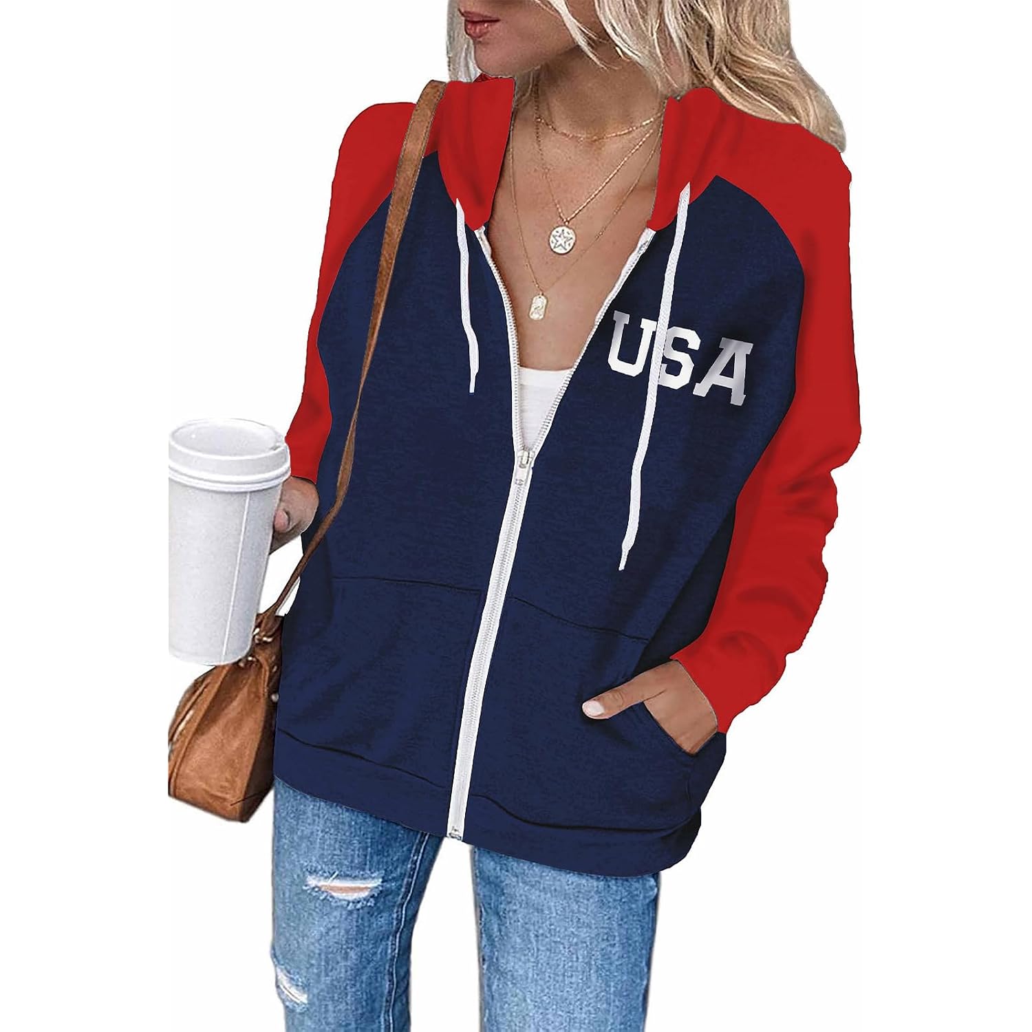Dressmine Womens Zip Up Hoodie Oversized Usa Sweatshirt Pattern Long Sleeve American Flag Jacket Casual Patriotic Hoodies