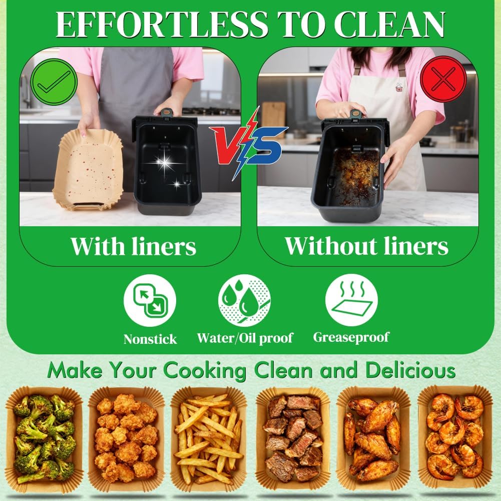 Bykitchen 300Pcs Air Fryer Liners For Ninja Dual Airfryer, Rectangle Disposable Air Fryer Parchment Paper Compatible With Ninja Dz201/ Dz401/ Dz550, Bella Slim Airfryer &More, Air Fryer Accessories
