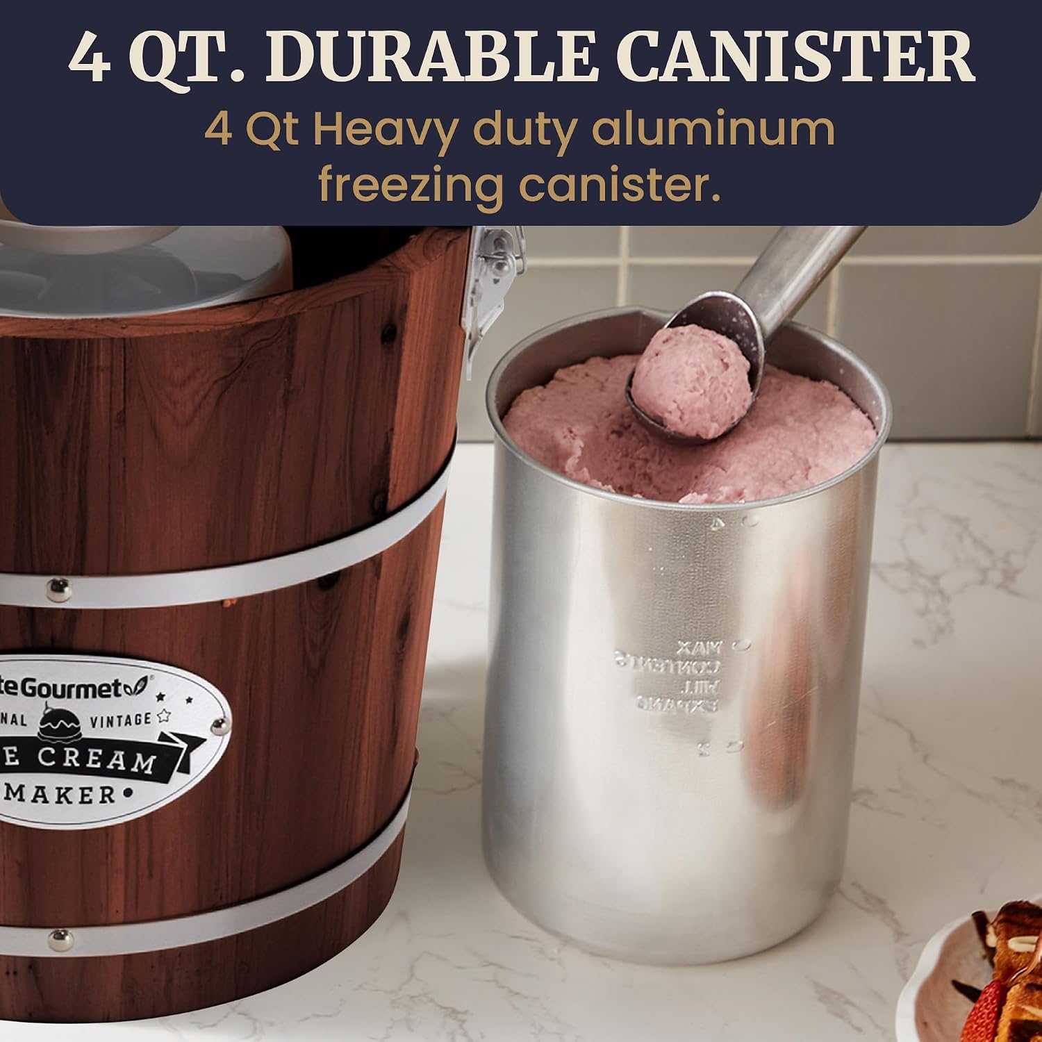 Elite Gourmet Eim418 Old Fashioned 4 Quart Vintage Walnut Wood Bucket, Electric Ice Cream Maker Machine, Uses Ice And Rock Salt Churns Ice Cream In Minutes